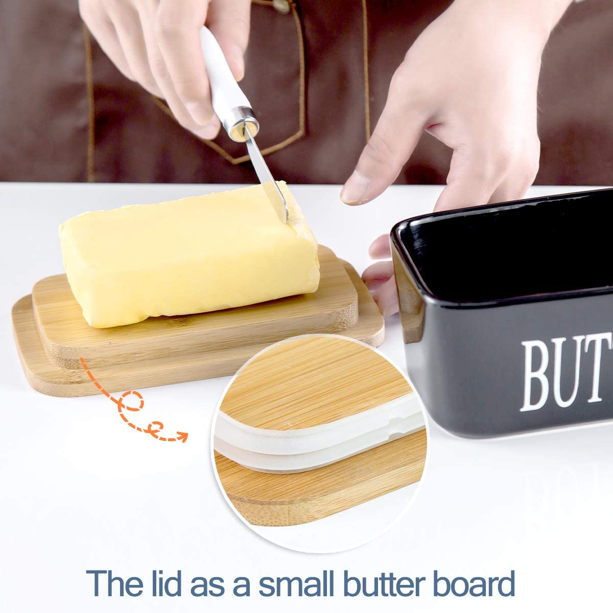 Porcelain Butter Dish with Bamboo Lid - Covered Butter Keeper with Butter Knife for Countertop， Airtight Butter Container with Cover for East West Coast Butter， Black