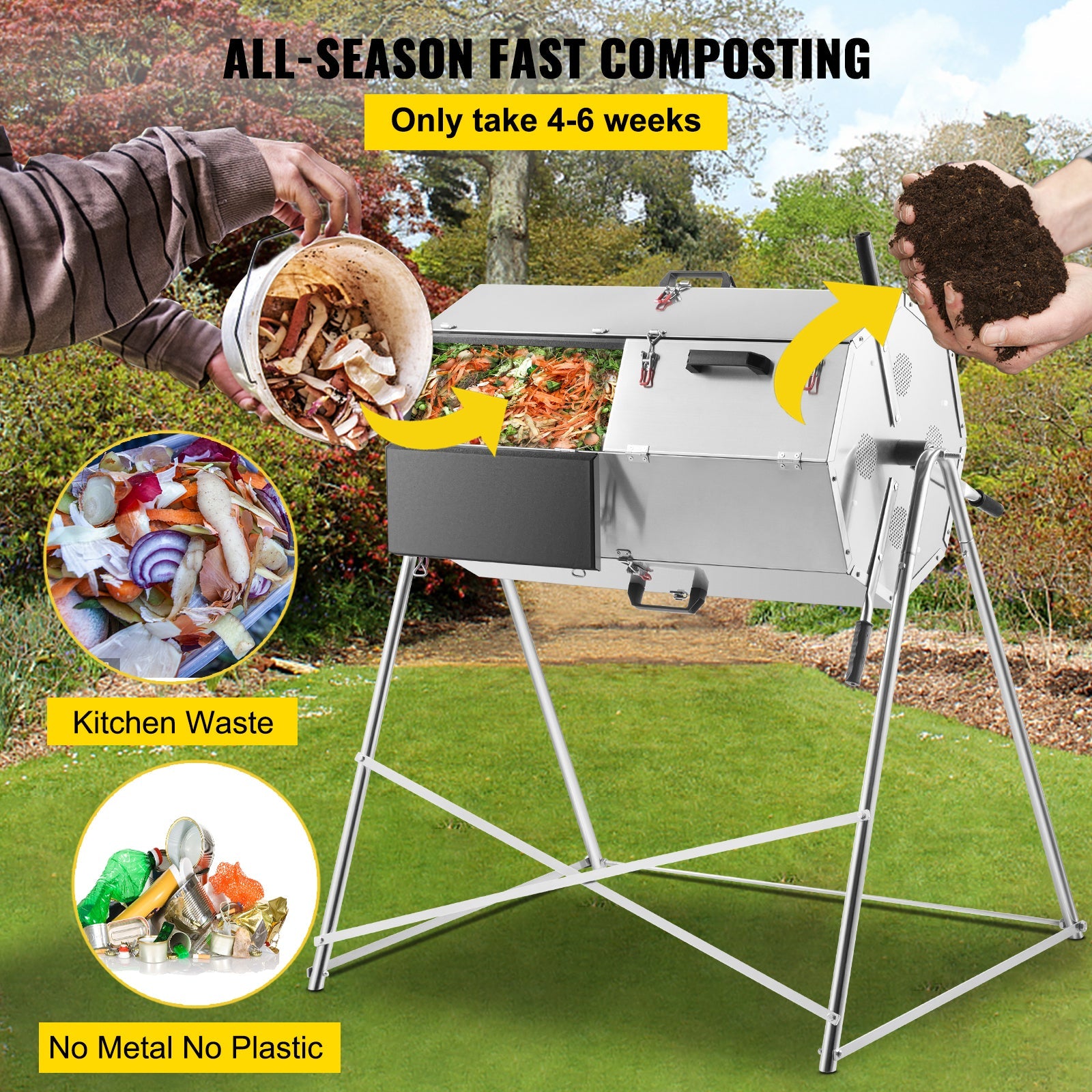 VEVOR Compost Tumbler, 106 US Gallons, Rustproof Stainless Steel Dual-chamber Garden Composter, Heavy-duty, All-season Outdoor Compost Bin, Fast-working System for Composting Kitchen ＆ Yard Waste