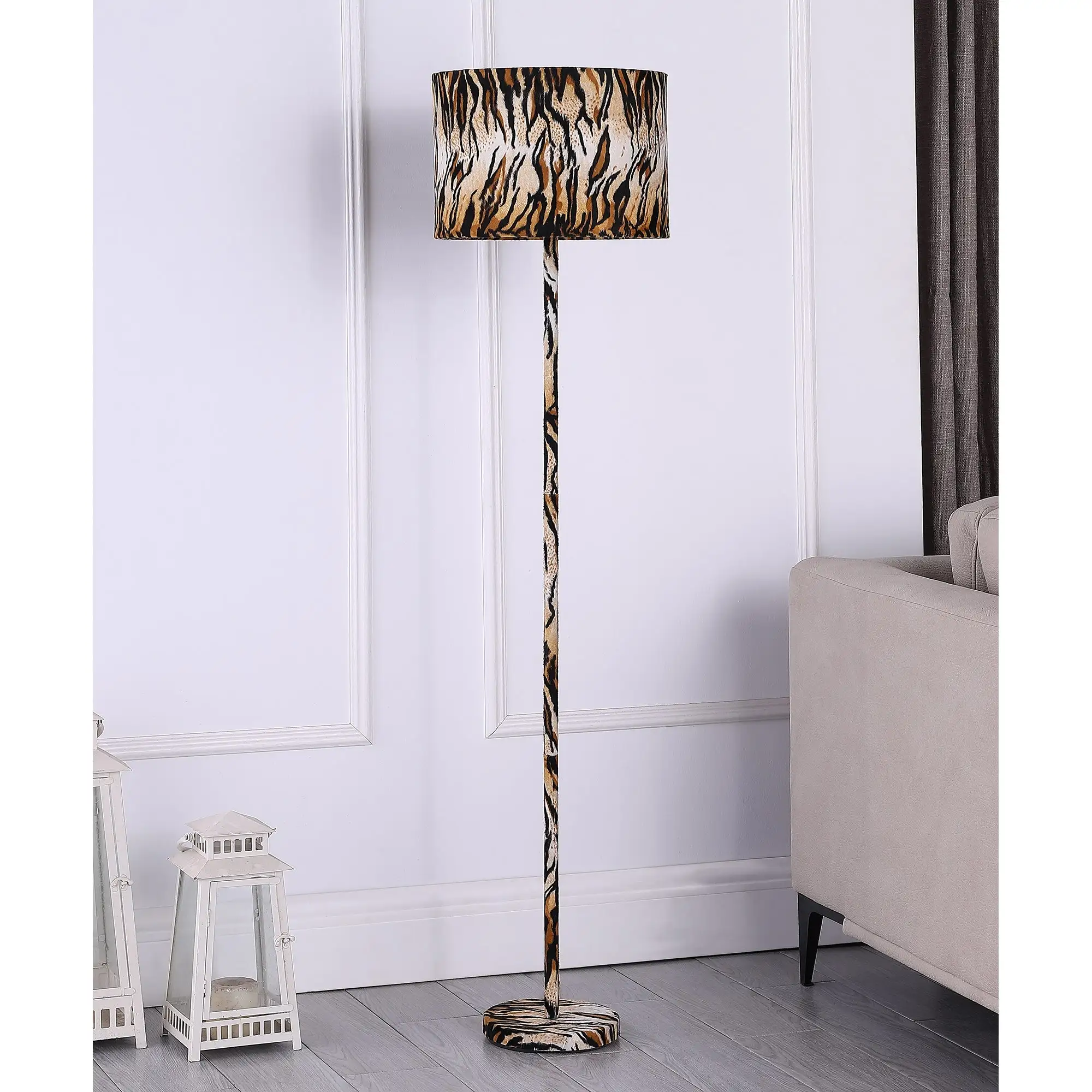 59 In. Faux Suede Tiger Print Floor Lamp