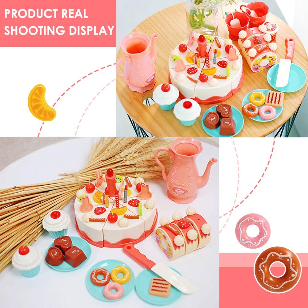 Mundo Toys Cutting DIY Pretend Play Birthday Cake Dessert Food Set Toy Multicolor with Candles， 82 Pieces