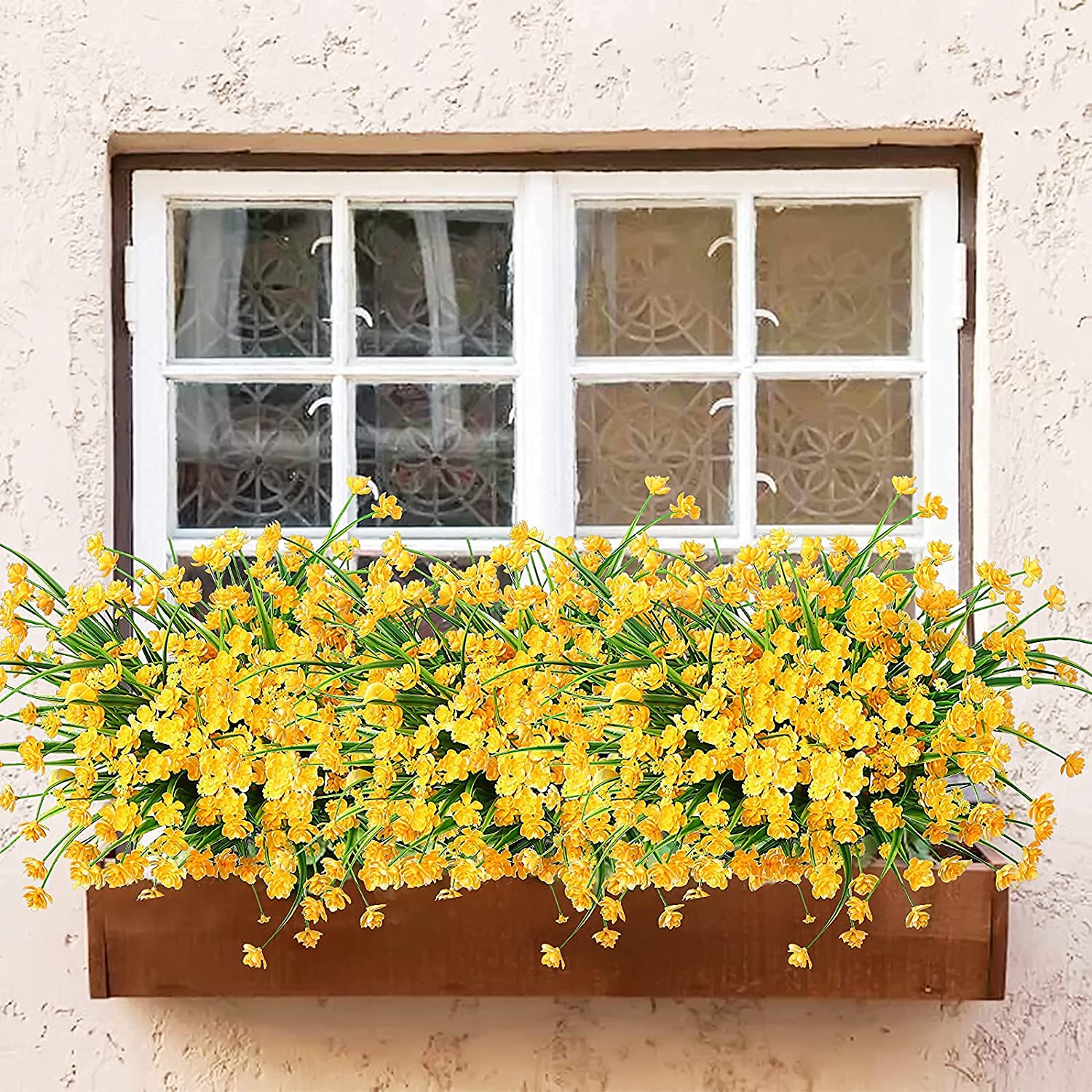 Sinhoon 6 Pcs Artificial Flowers Outdoor Fake Plants daffodil faux flower UV Resistant Greenery Bush Spring Decor Hanging Planter for Farmhouse Kitchen Office Box Fence Windows Decorations（White)