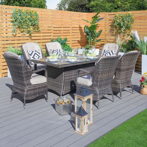 Outdoor Wicker Patio Rectangle Gas Fire Pit Table Set with 6 Chairs by Moda Furnishings (Including Rain Cover)