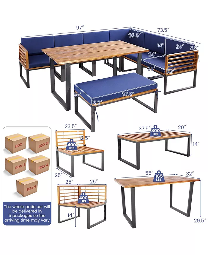 Costway 8pcs Patio Acacia Wood Dining Table and Ottoman Sofa Chair Set Outdoor Furniture