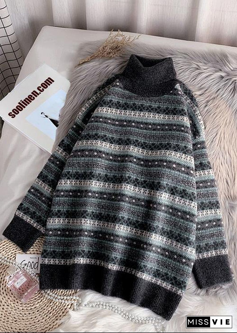 Pullover high neck gray knit sweat tops plus size striped sweater tops