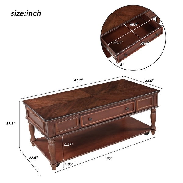 Retro Cocktail Table with Drawers， Movable Coffee Table with Caster Wheels for Living Room