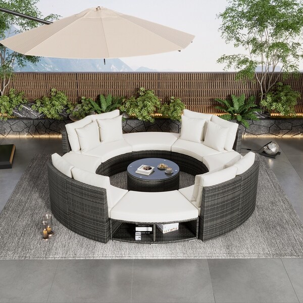 9Piece Outdoor Patio Furniture，Circular Outdoor Sofa Set with Tempered Glass Coffee Table