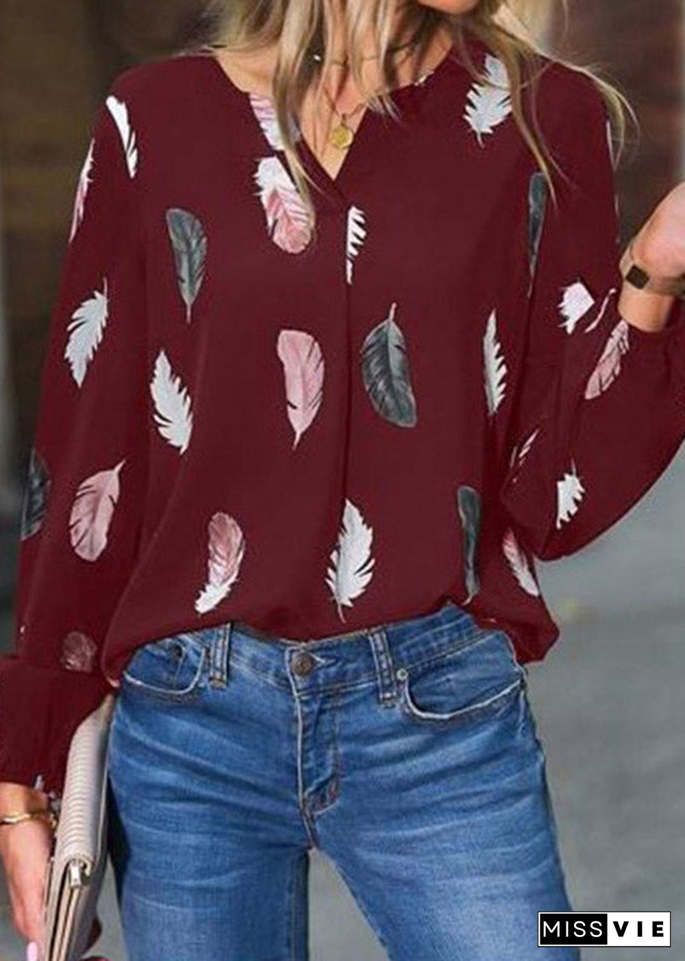 Fitted Mulberry V Neck Print Shirt Long Sleeve