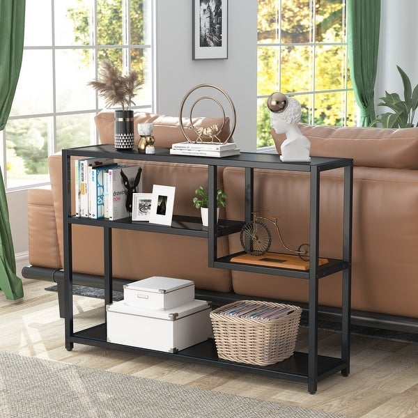 Console Table， 43 Inch Small Black Entryway table with Storage Shelves