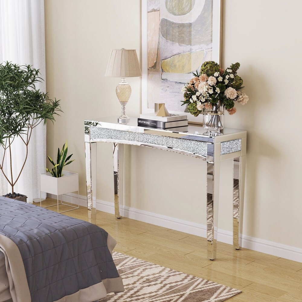 Crystal Console Table Mirrored Desk with Glass Diamond