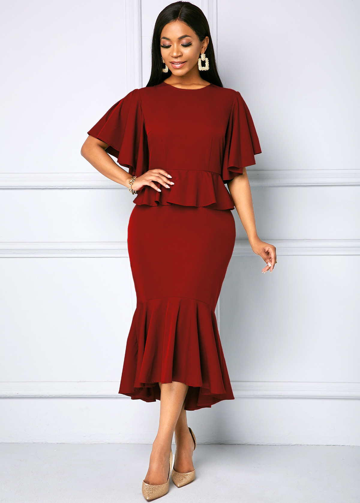 Solid Half Sleeve Round Neck Dress