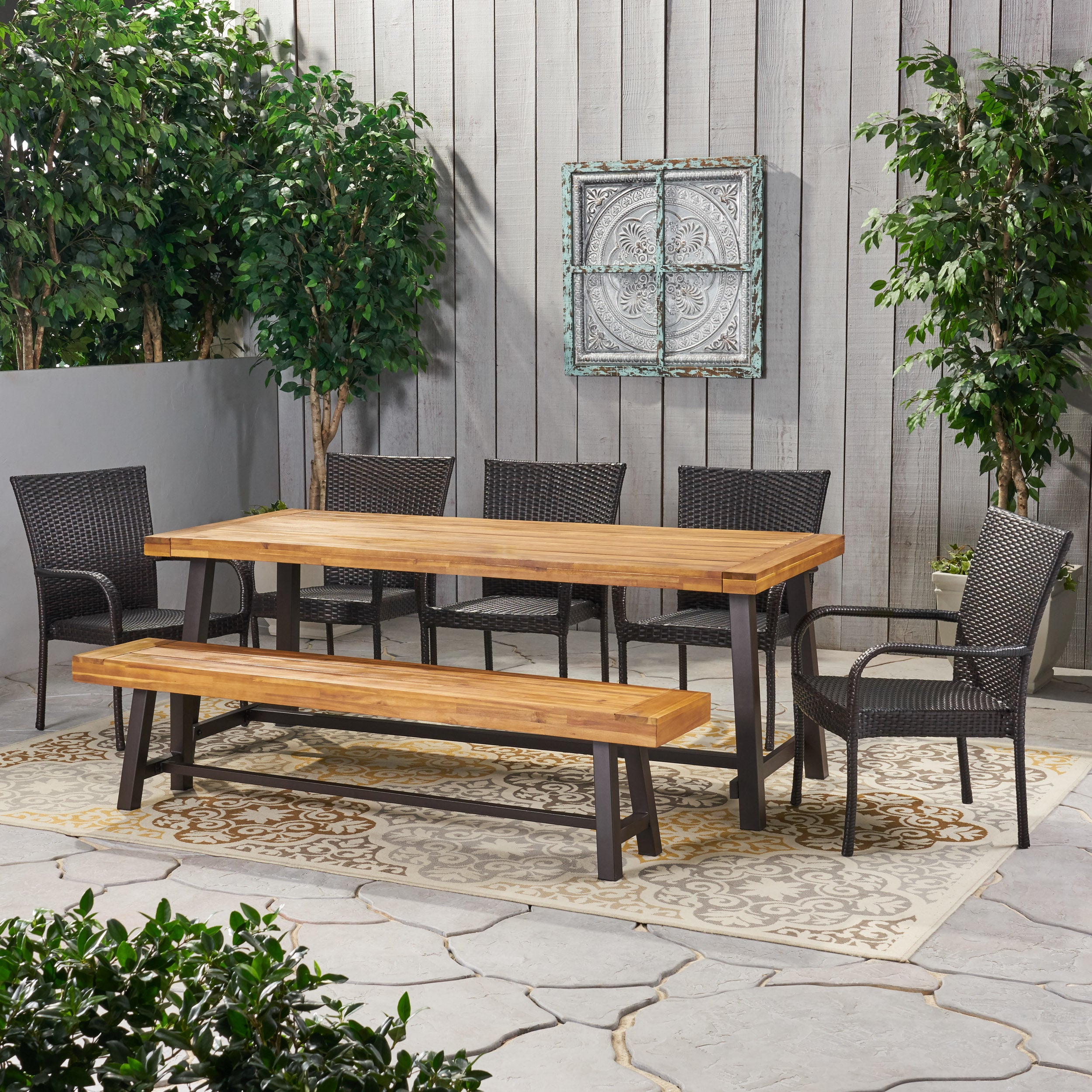 Gryphon Outdoor Rustic Acacia Wood 8 Seater Dining Set with Dining Bench