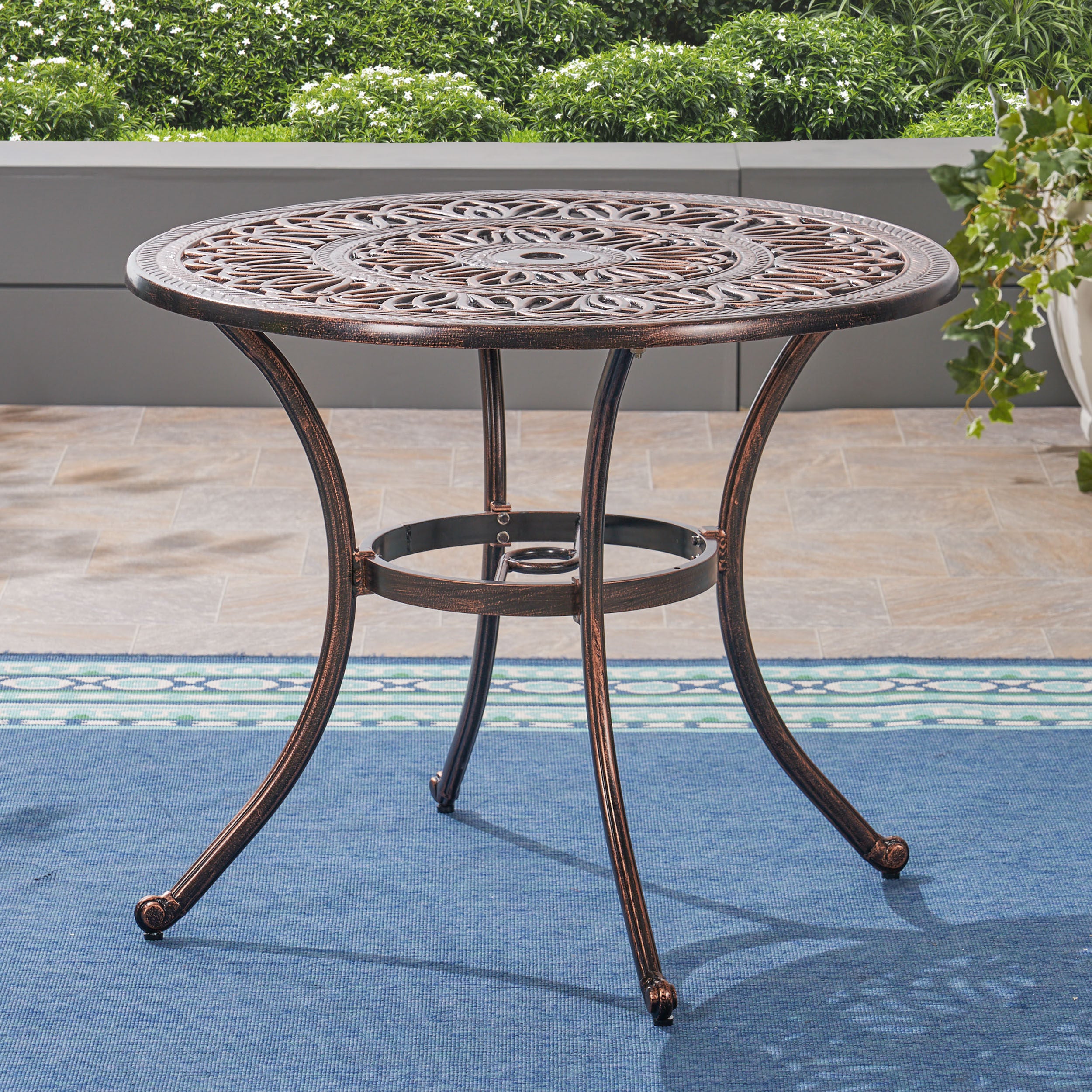 Barbara Outdoor 4-Seater Cast Aluminum Round-Table Dining Set, Shiny Copper