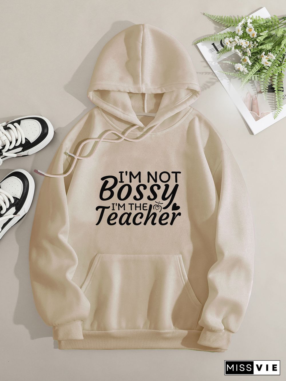 Printed on front Kangaroo Pocket Hoodie Long Sleeve for Women Pattern I'm not a bossy teacher