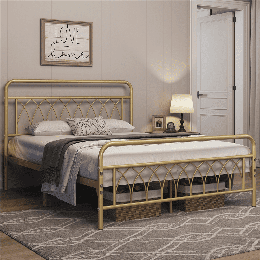 Easyfashion Metal Platform Bed Frame Antique Gold, Queen