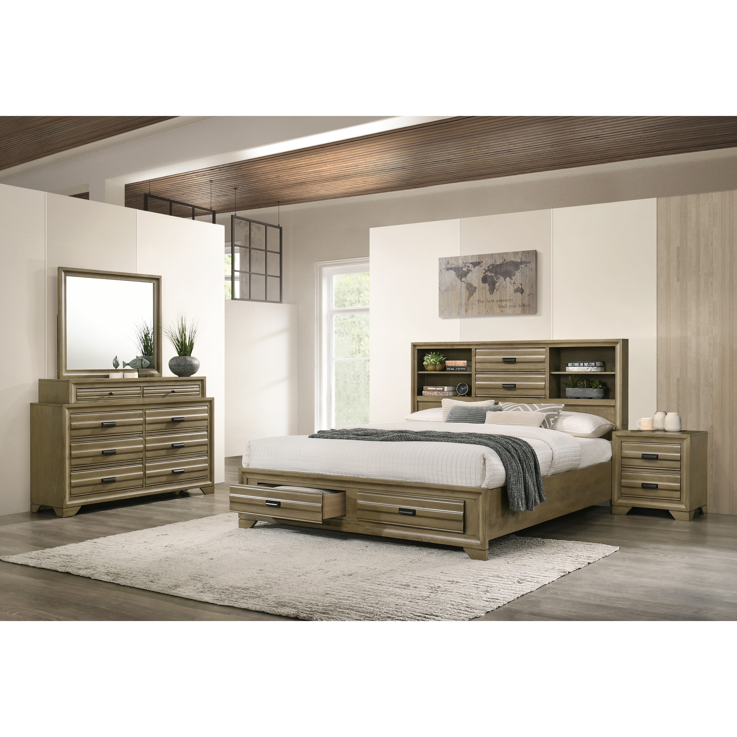 Roundhill Furniture Loiret Rubbed Gray Oak Finish Wood Storage Platform King Bedroom Set with Dresser， Mirror， Nightstand - - 31568122