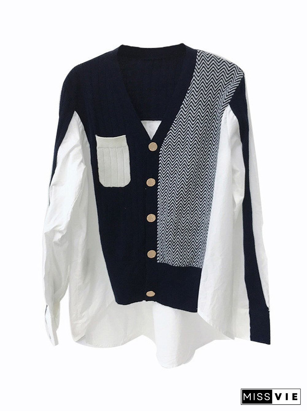 Original Loose Irregular Split-Joint Buttoned V-Neck Long Sleeves Sweater Blouse