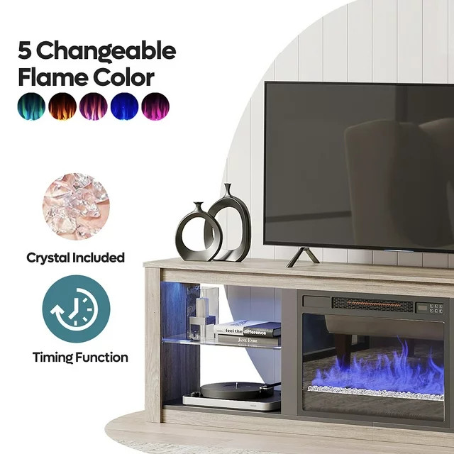 Modern TV Stand  Fireplace  ampGlass Shelves With RGB LED Lighting   Modern   Entertainment Centers And Tv Stands   by Declusia  Houzz