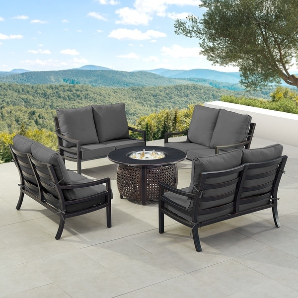 Black Aluminum Fire Table Set with Four Deep Seating Loveseat with Cushions