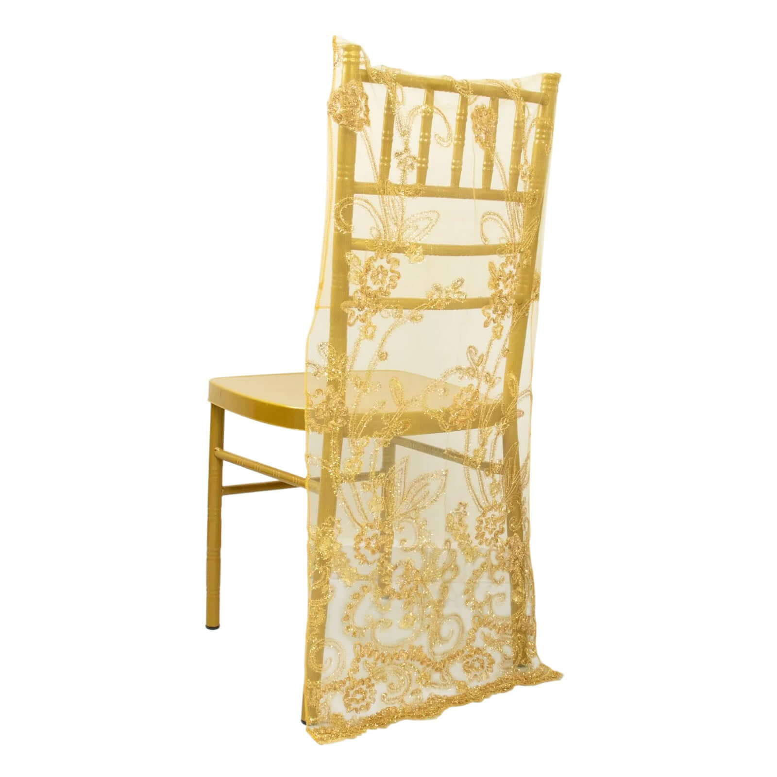 Gold Organza Floral Sequin Embroidered Wedding Chiavari Slipcover, Wedding Chair Back Lace Cover