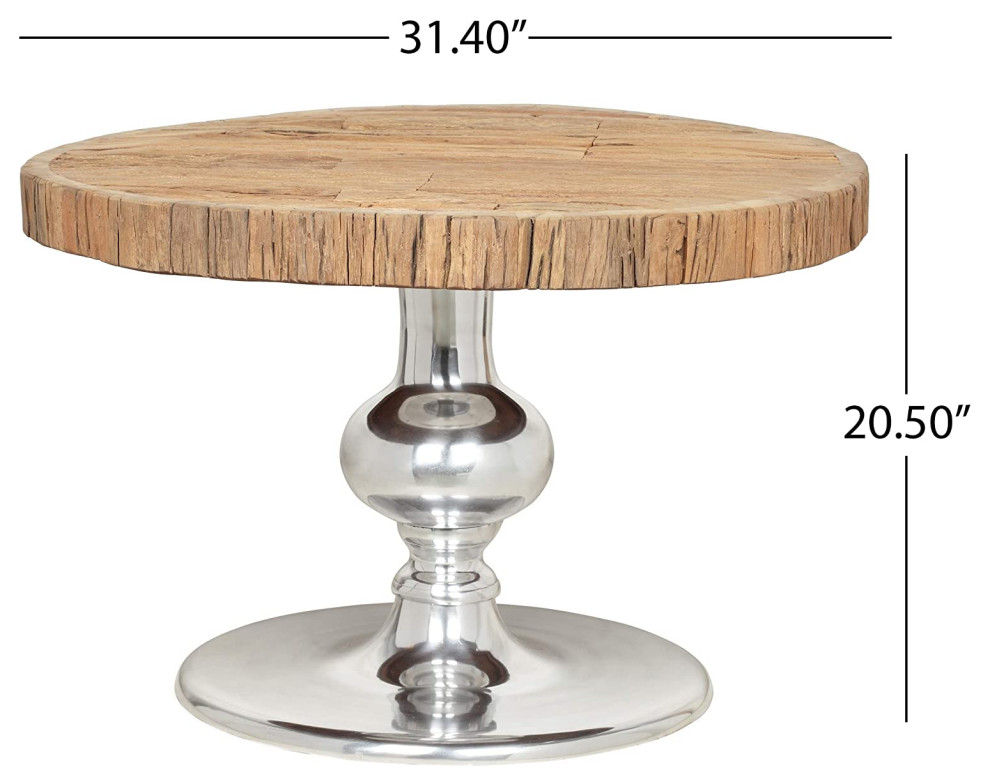 Unique Coffee Table  Shiny Silver Pedestal Base With Raw Wooden Round Top   Contemporary   Coffee Tables   by Declusia  Houzz