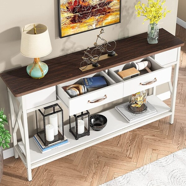 70.9 Inch Extra Long Console Table Sofa Table with Drawers，Walnut/White