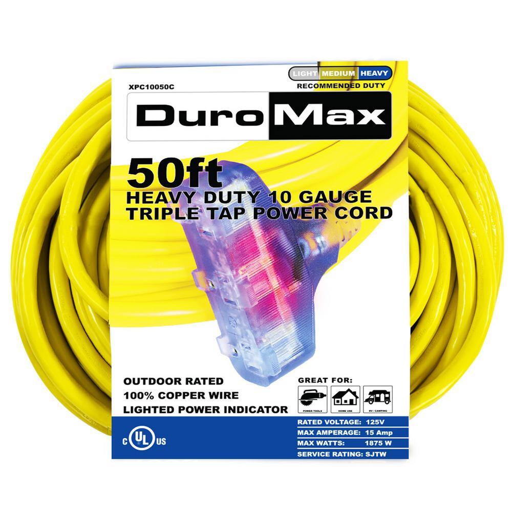 DUROMAX 50 ft. 10 Gauge Portable Generator Triple Tap Extension Power Cord XPC10050C