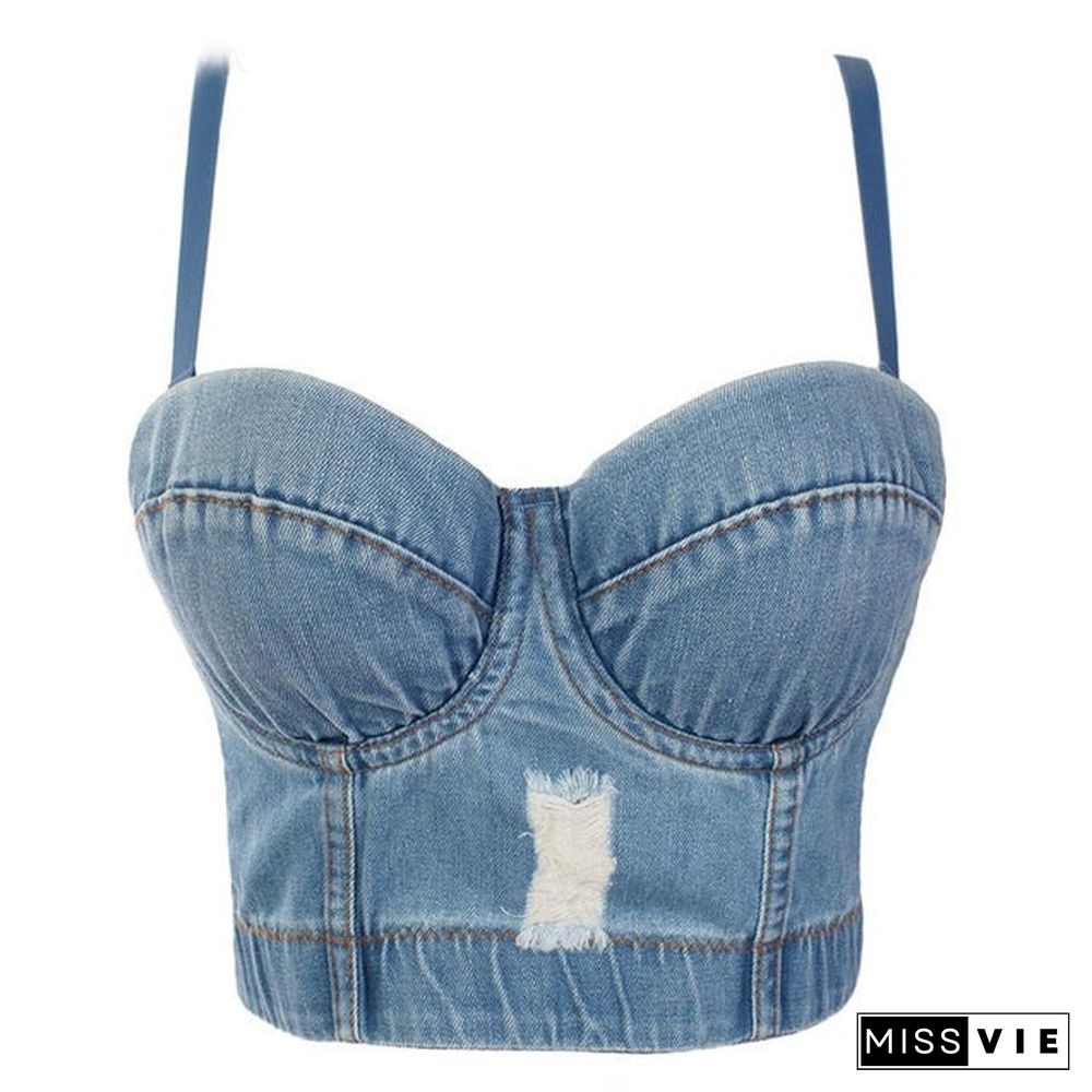 Denim Scratched Women's Spaghetti Strap Button Diamonds Ripped Push Up Bustier Night Club Party Crop Top New Corset Camise