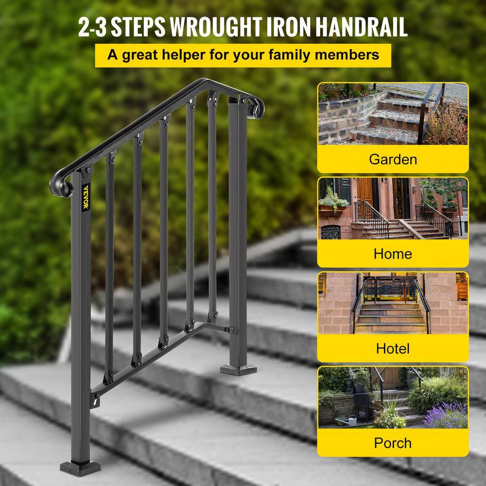 VEVOR 2 ft. Handrails for Outdoor Steps Fit 2 or 3 Steps Outdoor Stair Railing Wrought Iron Handrail with baluster Black LTFS2H3BHSTL00001V0