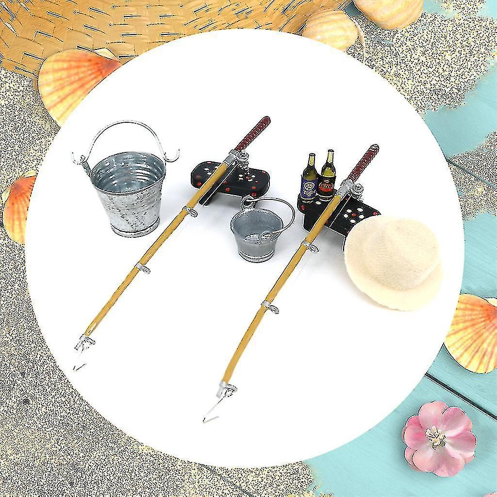 1/12 Dollhouse Miniature Fishing Rod Hat Bucket Stool Model Doll Life Scene Doll House Decoration