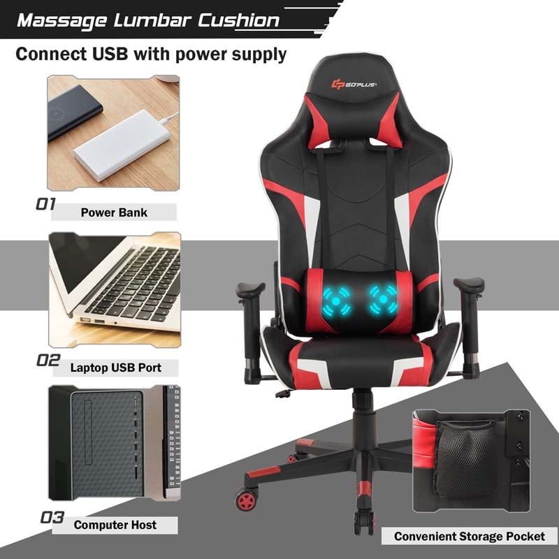 Ergonomic Swivel Massage Gaming Chair Recliner, E-Sport Gamer Racing Chair, Computer Office Chair with Headrest & Lumbar Support