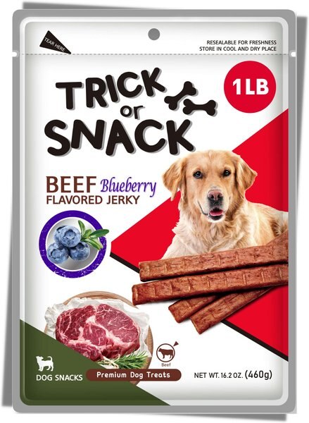 Trick or Snack Beef and Blueberry Flavored Jerky Dog Treats， 1-lb bag