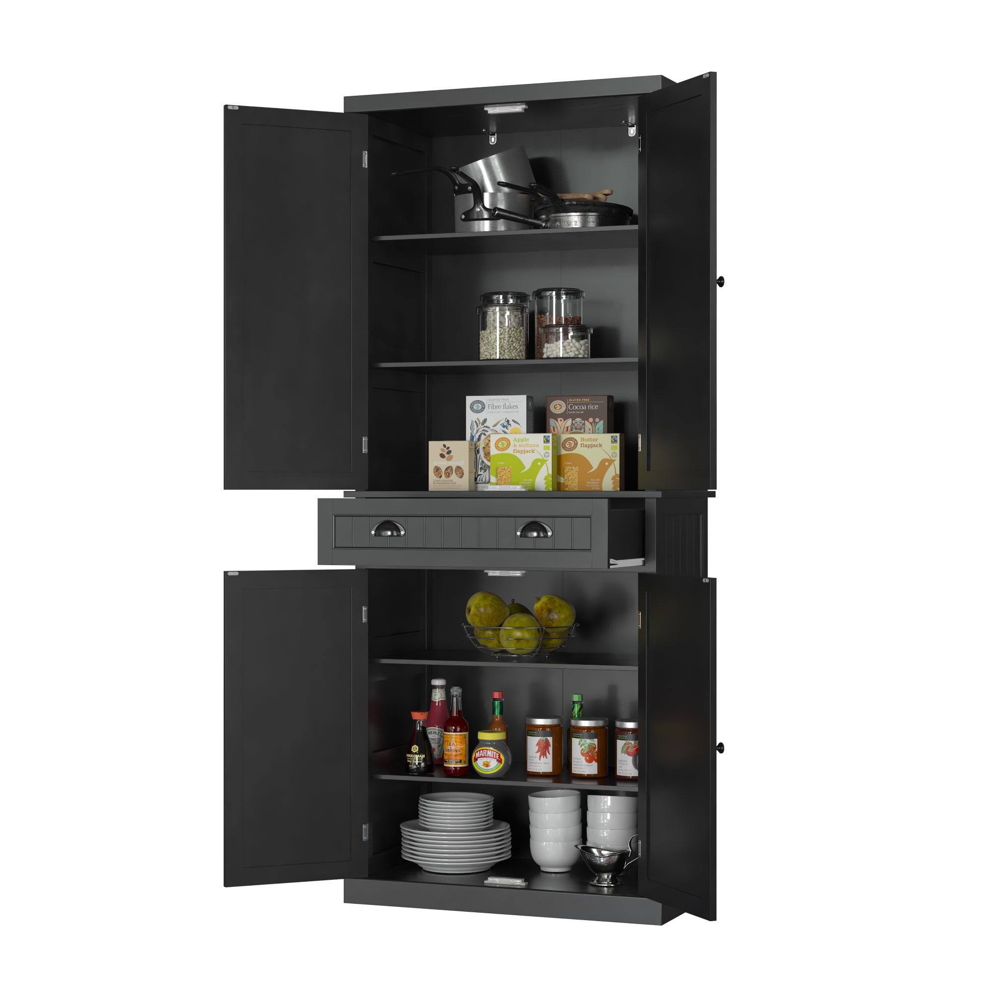 HOMEFORT 72" Traditional Freestanding Kitchen Pantry Cabinet Cupboard with Doors and 3 Adjustable Shelves, Black