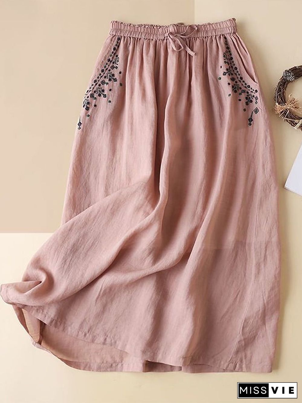 Cotton Linen Embroidered Mid-length Loose Artistic Casual Skirt