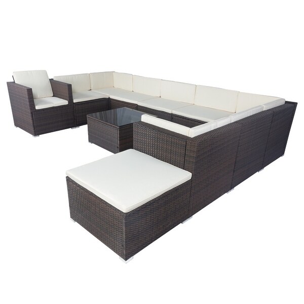 11 Piece Patio Wicker Conversation Set，10 Seater Patio Sectional Set with 3 Storage Box Under Seat Wicker + Cushion，Brown