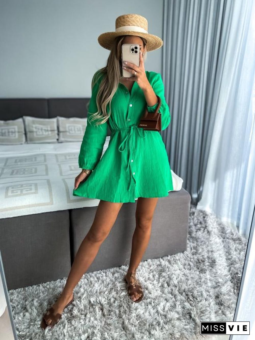 Windy Long Sleeved Shirt Dress with Slim Waist White Dresses