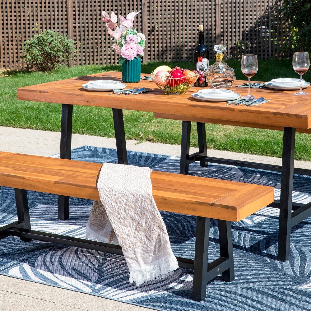 3PCS Outdoor Patio Dining Table Set Acacia Wood with 1 Rectangular Picnic Coffee Table and 2 Benches