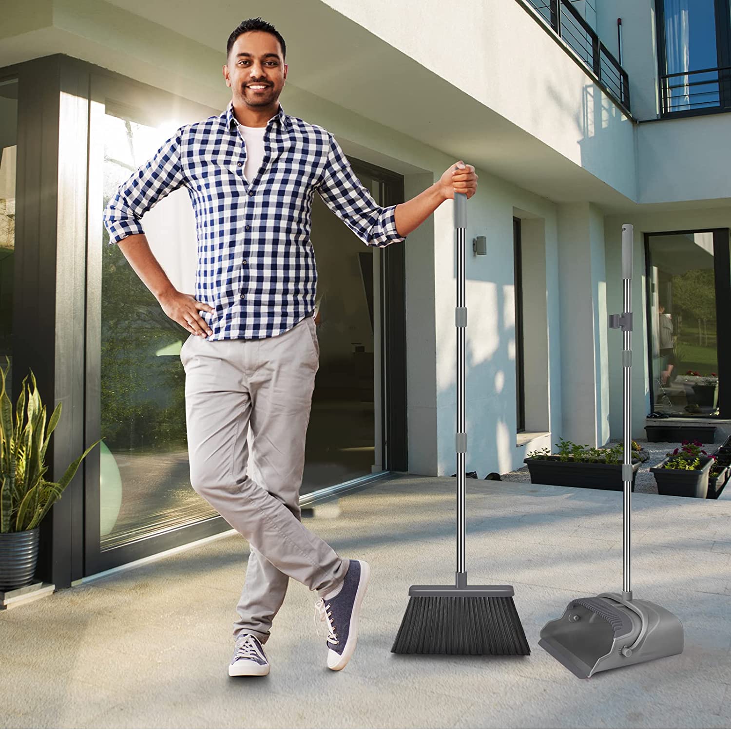 Upgrade Broom and Dustpan Set, Self-Cleaning with Dustpan Teeth, Ideal for Dog Cat Pets Home Use, Super Long Handle Upright Stand Up Broom and Dustpan Set (Gray&Orange)