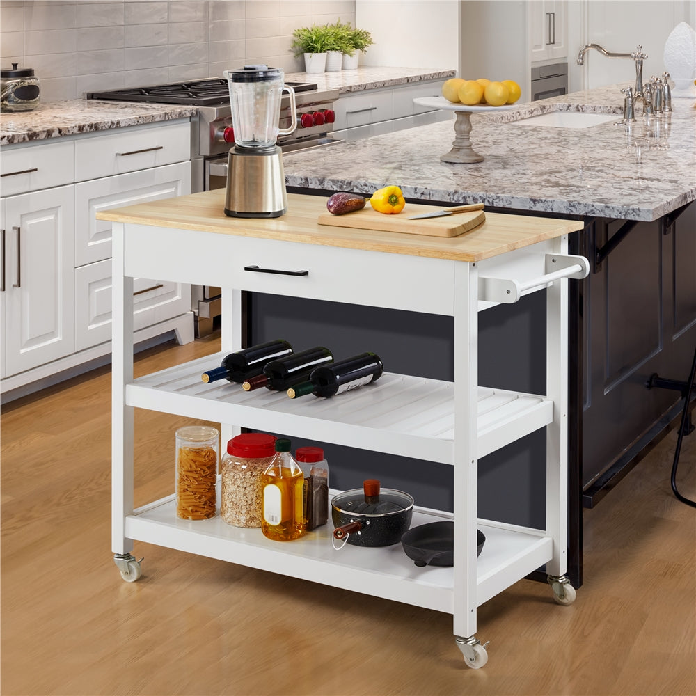 Topeakmart Kitchen Island Cart Wheels with Storage and Drawer Solid Wood Countertop White