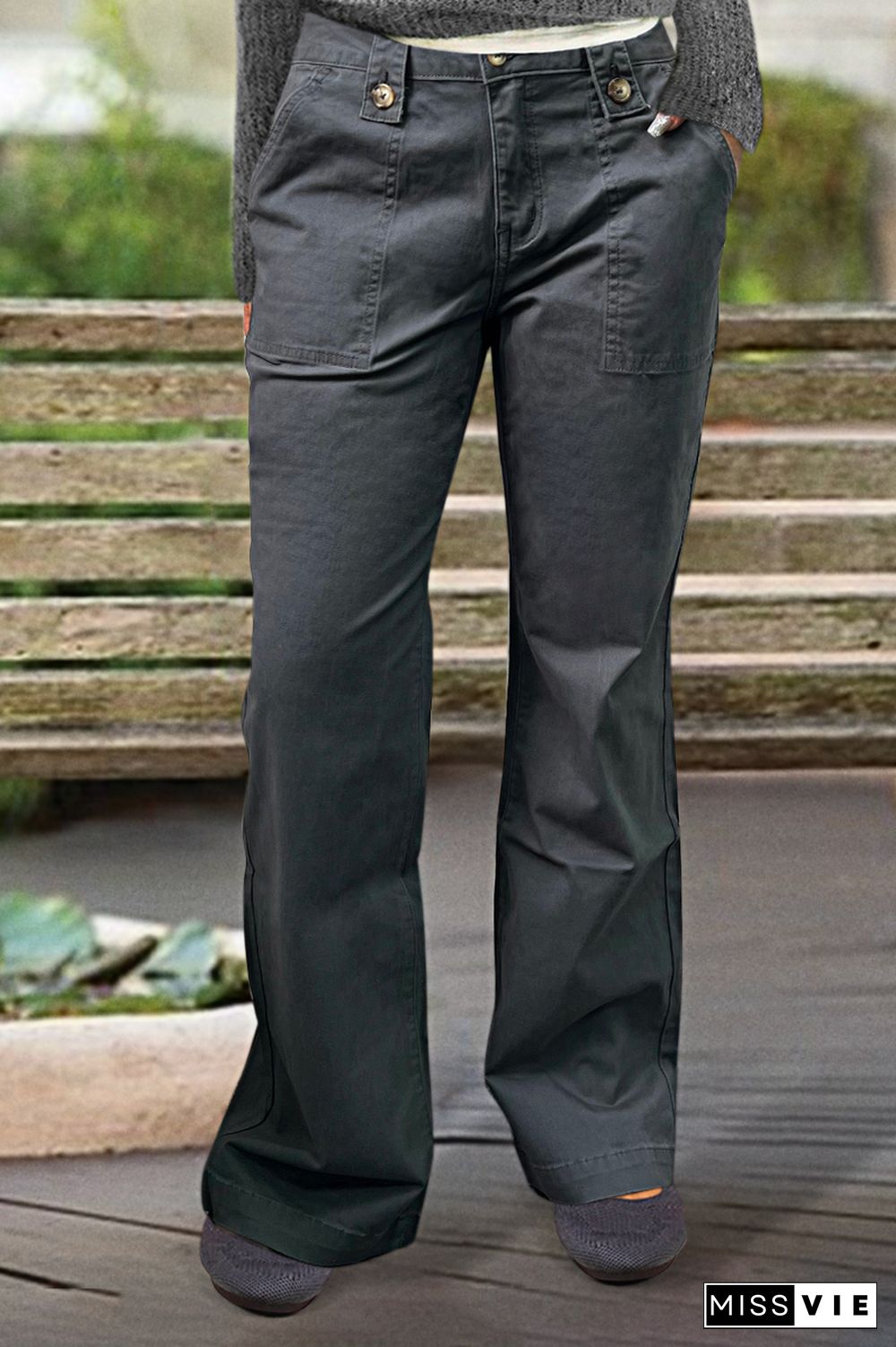 Solid Button Detail Low Rise Straight Leg Pants