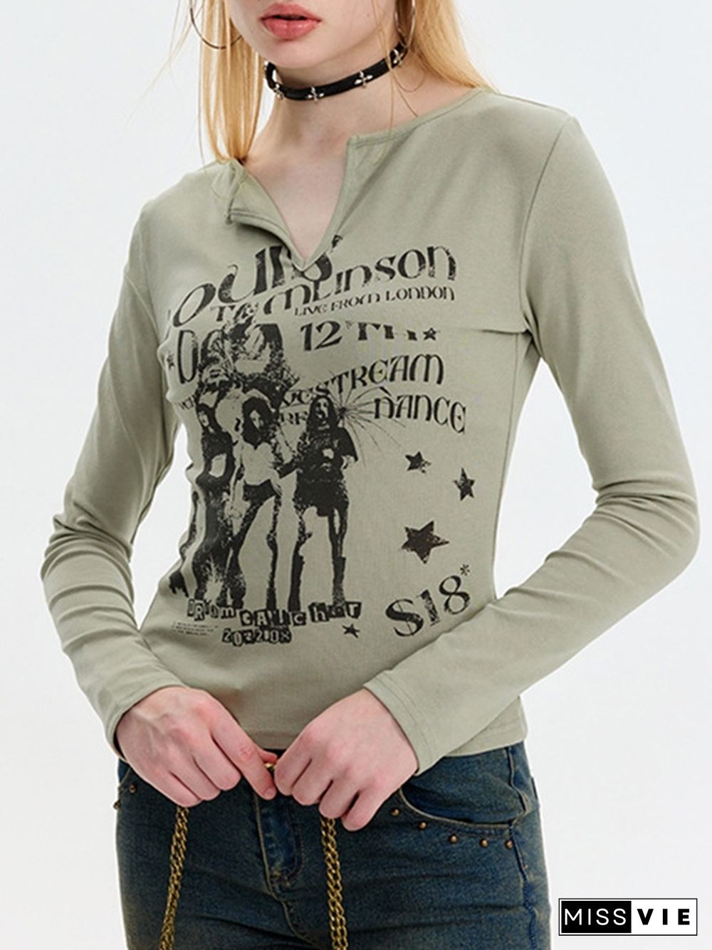 Vintage Print V Neck Long Sleeve Tee