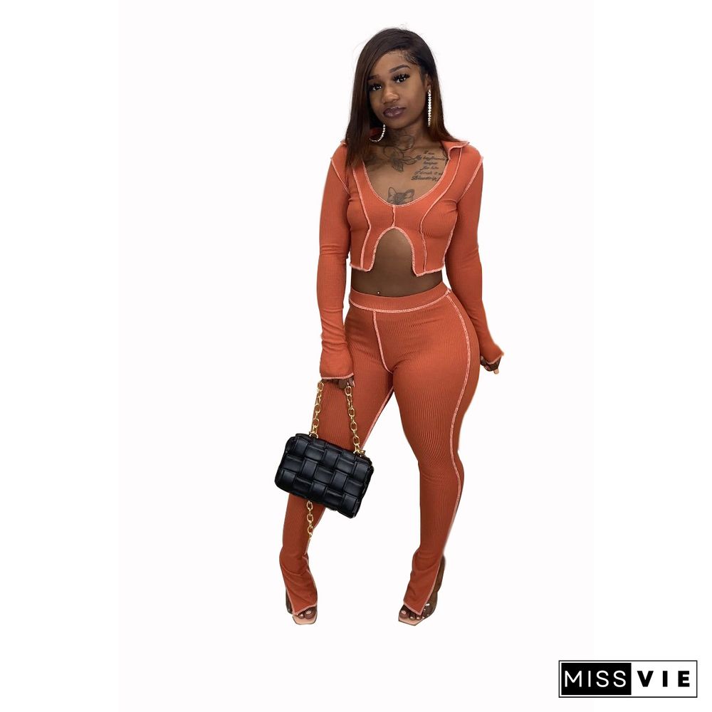 Article Pit Crop Top And Slit Flared Pants 2 Piece Set