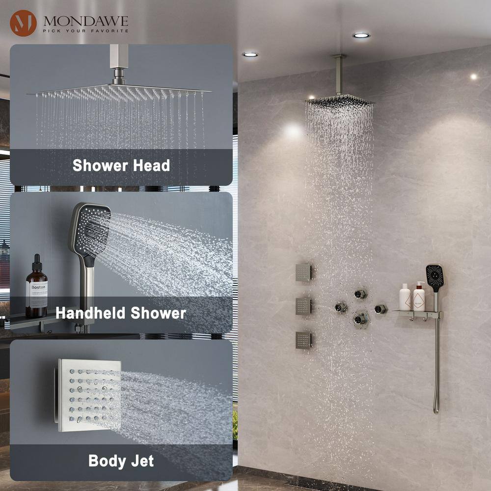 Mondawe Andalusia Multiple 7-Spray Patterns 12 in. Ceiling Mount Rain Dual Shower Heads with 2.5 GPM 3-Jet Valve in Nickel MD6067-BN