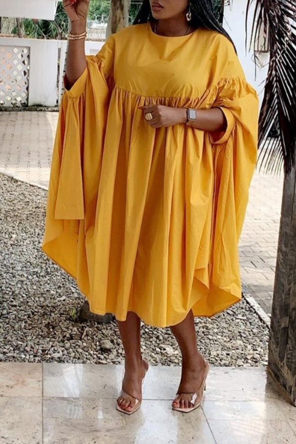 Casual Loose Solid Color Ruffle Plus Size Midi Bat Dress