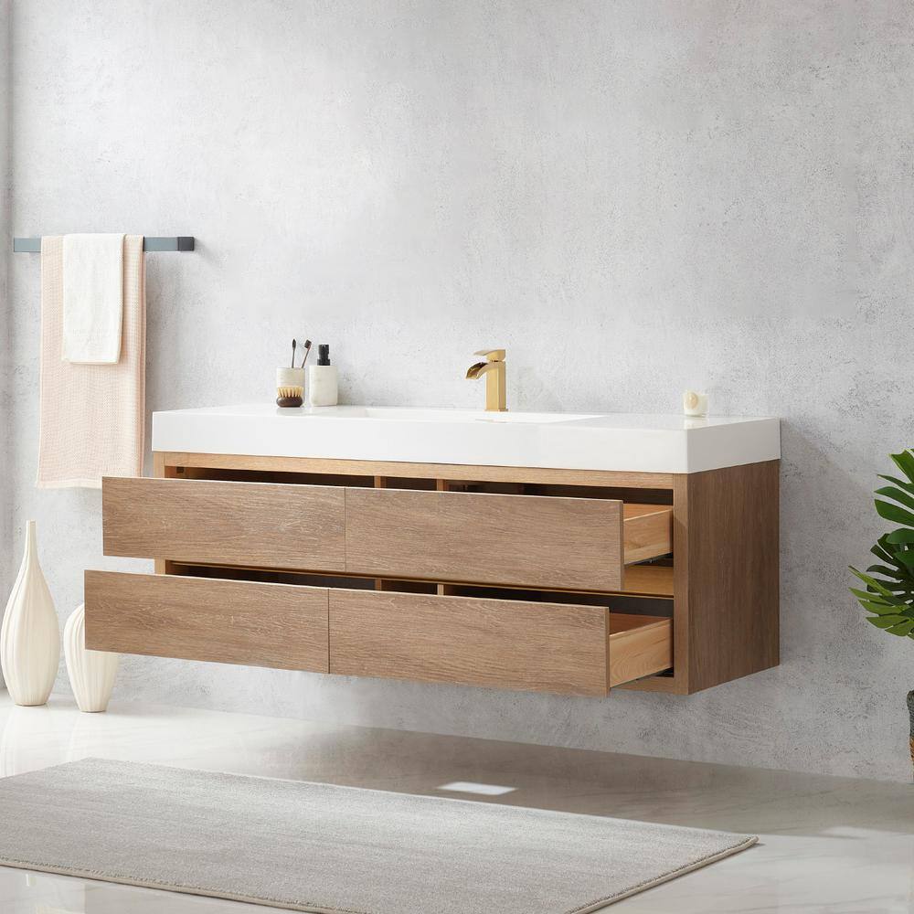 ROSWELL Palencia 60 in. W x 20 in. D x 23.6 in. H Bath Vanity in North American Oak with White Integral Composite Stone Top 803160-NO-WHN