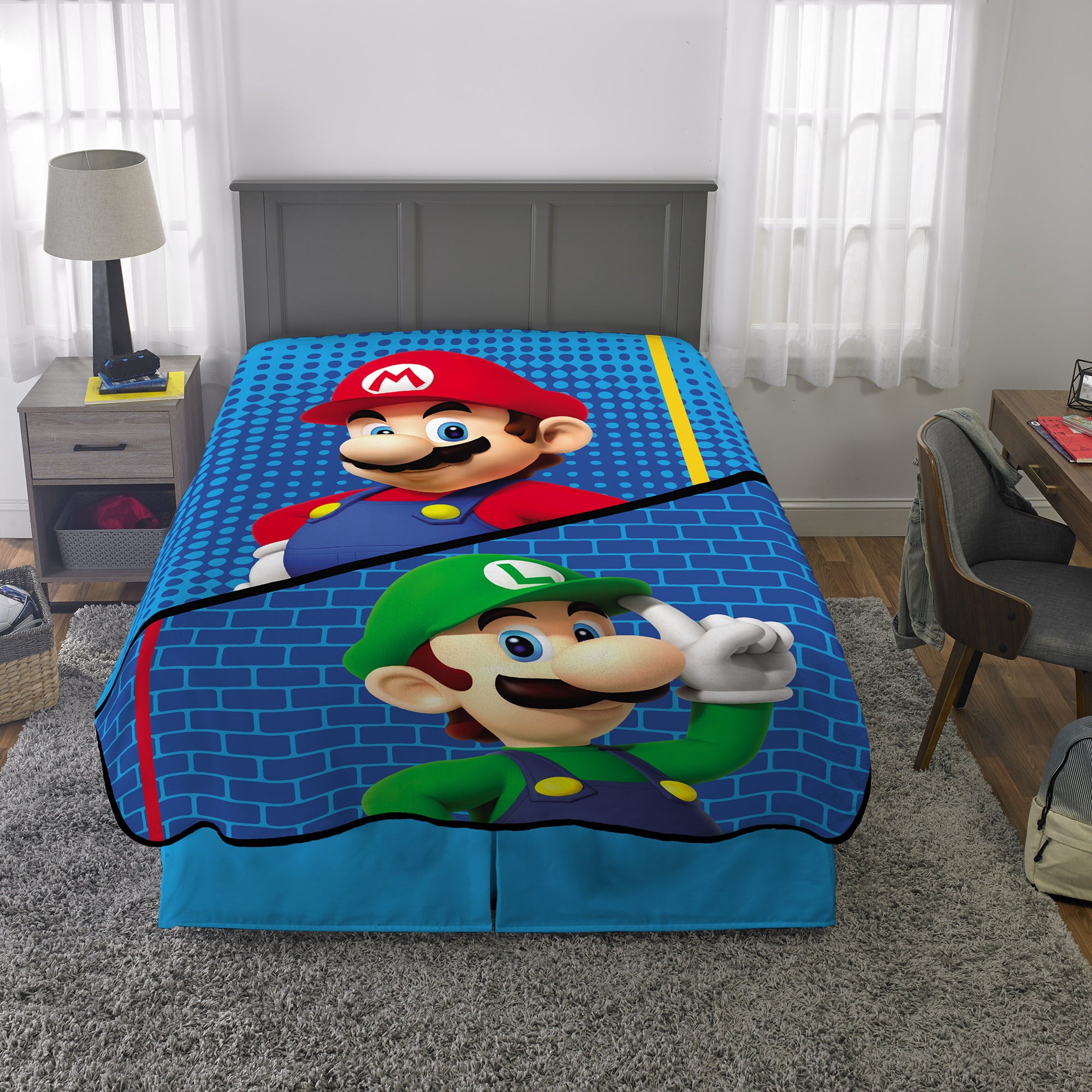 Super Mario Kids Plush Twin/Full Blanket， 62 x 90， Blue， 