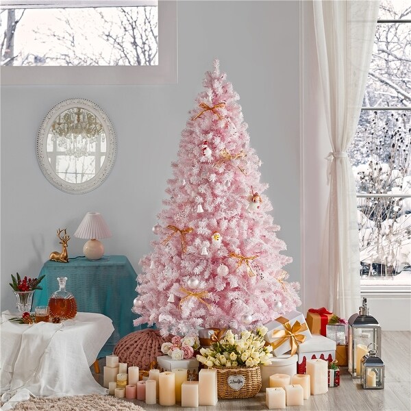 Yaheetech Prelit Flocked Artificial Christmas Tree Snow Frosted Christmas Tree，Pink