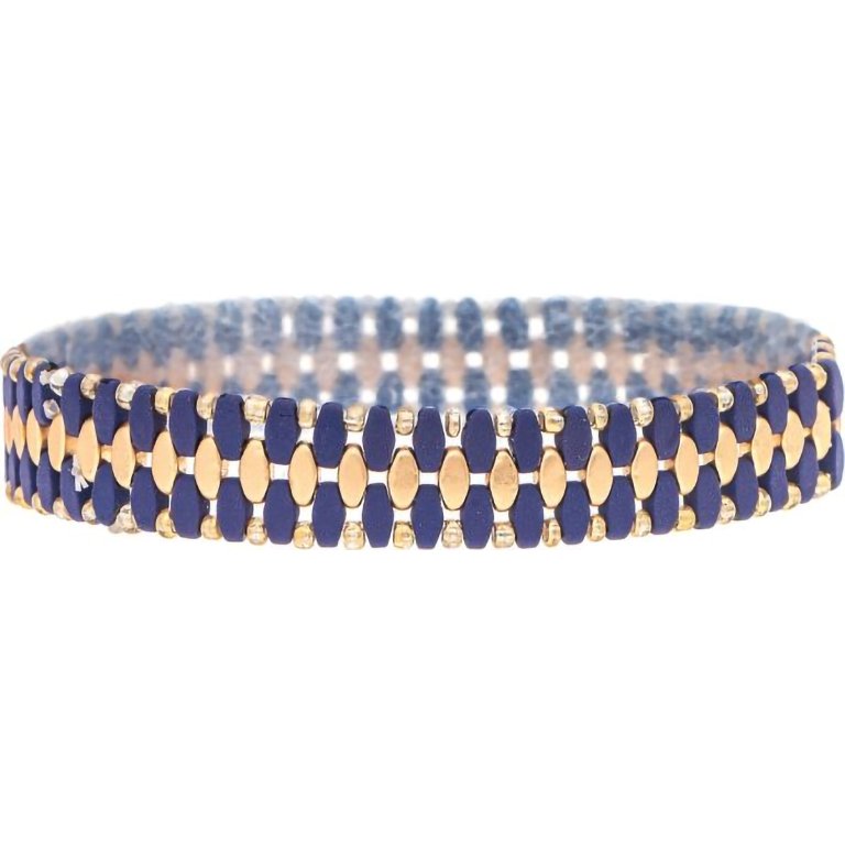 Rain  Gold Dark Blue Woven Bead Band Bracelet