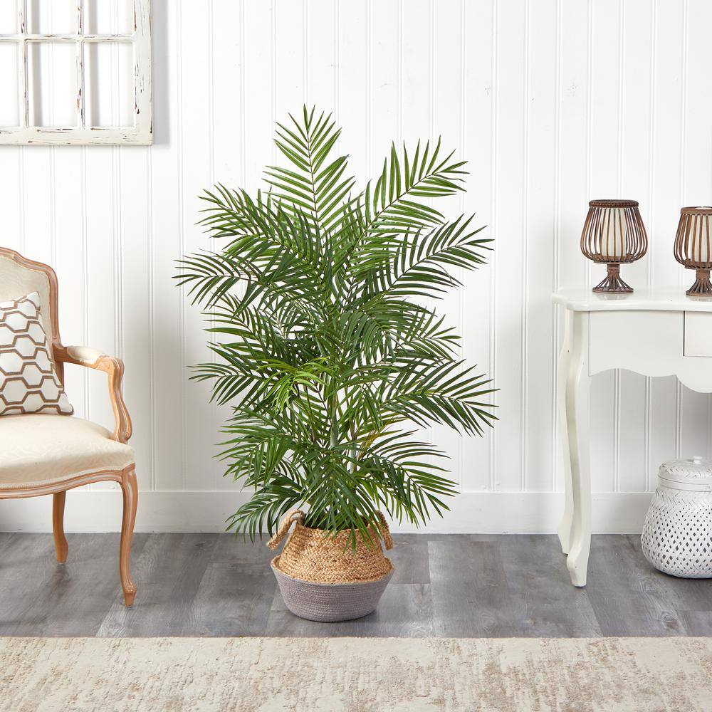 Nearly Natural 4 ft. Green Areca Artificial Palm Branches in Boho Chic Handmade Cotton and Jute Gray Woven Planter T2932