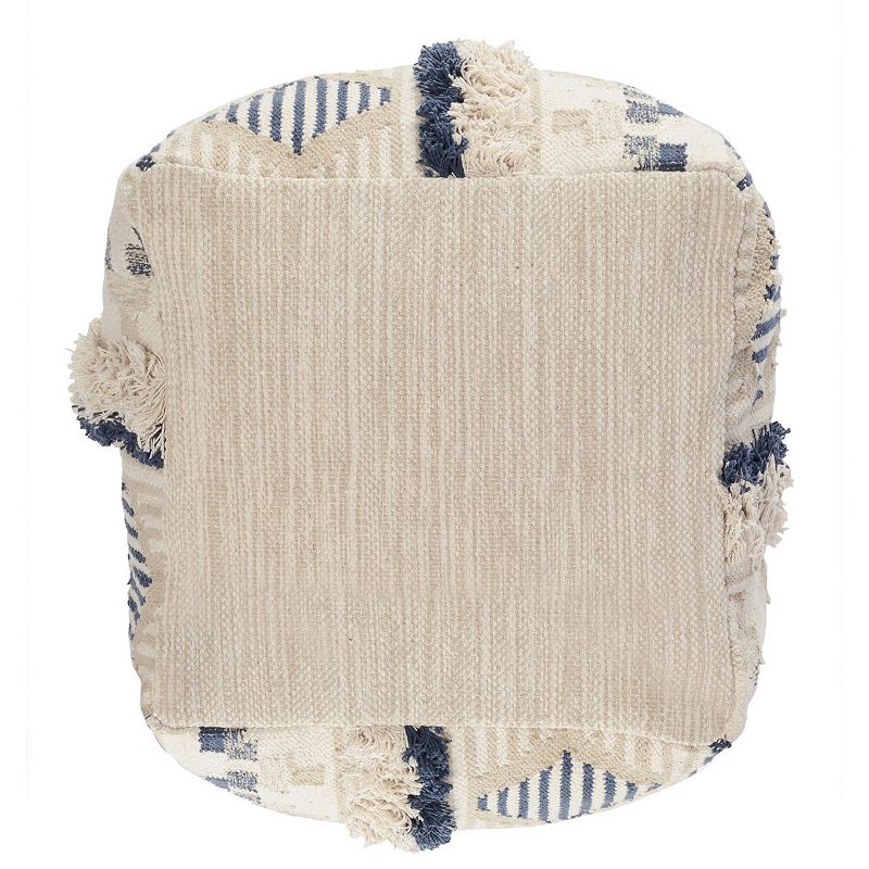 Fabric Pouf Ottoman with Woven Design and Fringe Details， Cream and Blue