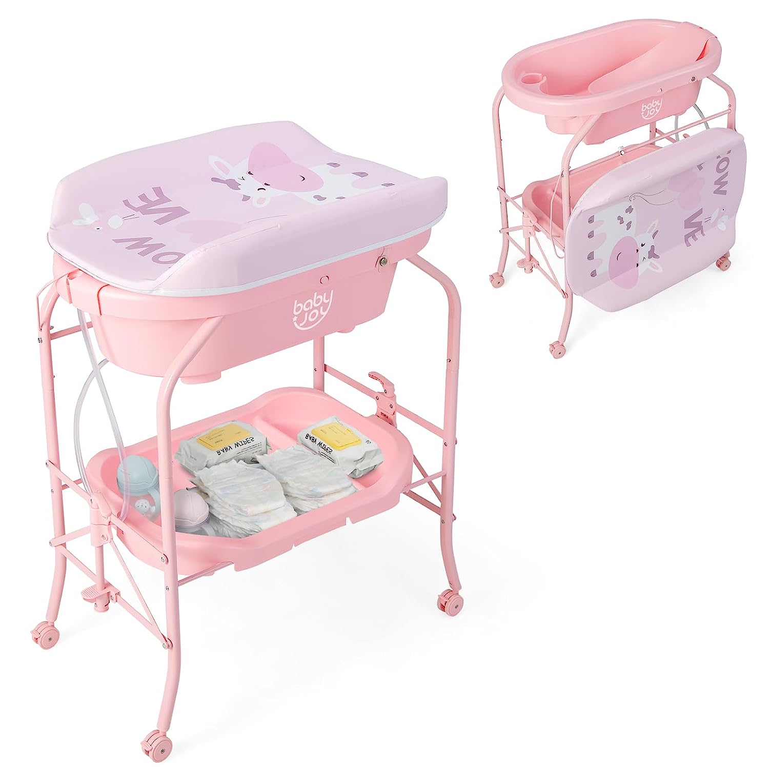 BABY JOY Baby Bathtub with Changing Table, Foldable Infant Diaper Changing Station with Storage Tray